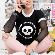 Load image into Gallery viewer, Black shirt with white trim around sleeves and collar. A skull sits in the middle with the phrase &quot;Not a phase, not dead, not okay&quot; surrounding it
